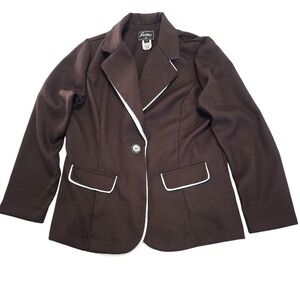 Sweet Suit Blazer Womens 16 Brown White Piping Herringbone‎ Knit Dark Academia